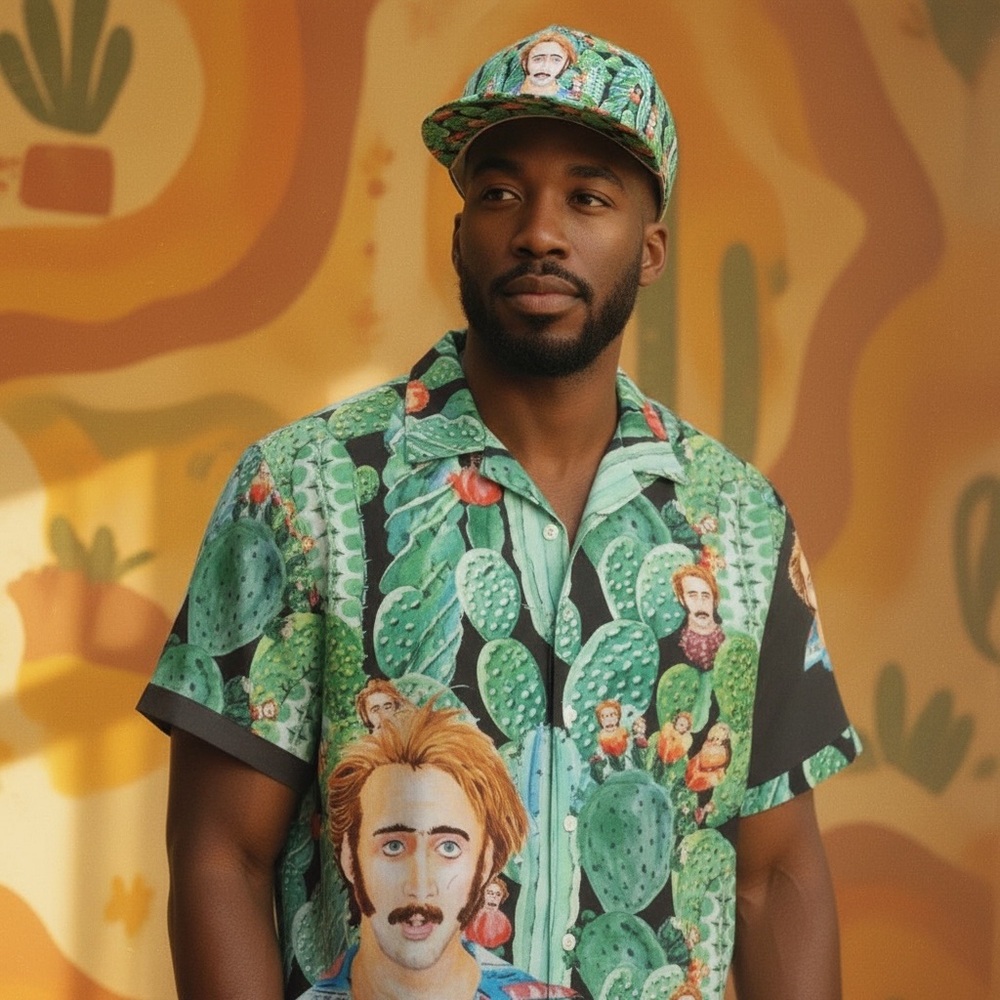 Nicolas Cage Raising Arizona Cactus Acid Trip 80s Nic Button-Up Hawaiian Shirt